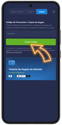 Introducir código promocional en Rainbet
