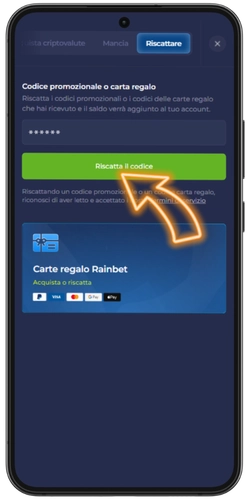 Inserire il codice promozionale su Rainbet